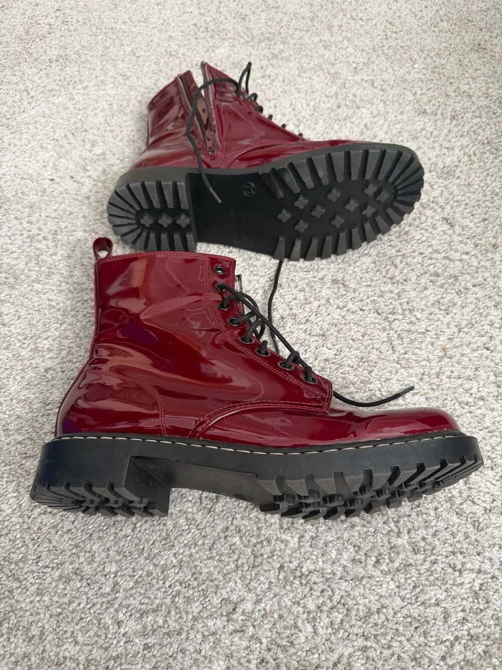 Xhilaration Burgundy Patent Combat Boots with Plaid Lining Size 11 - Picture 4 of 7